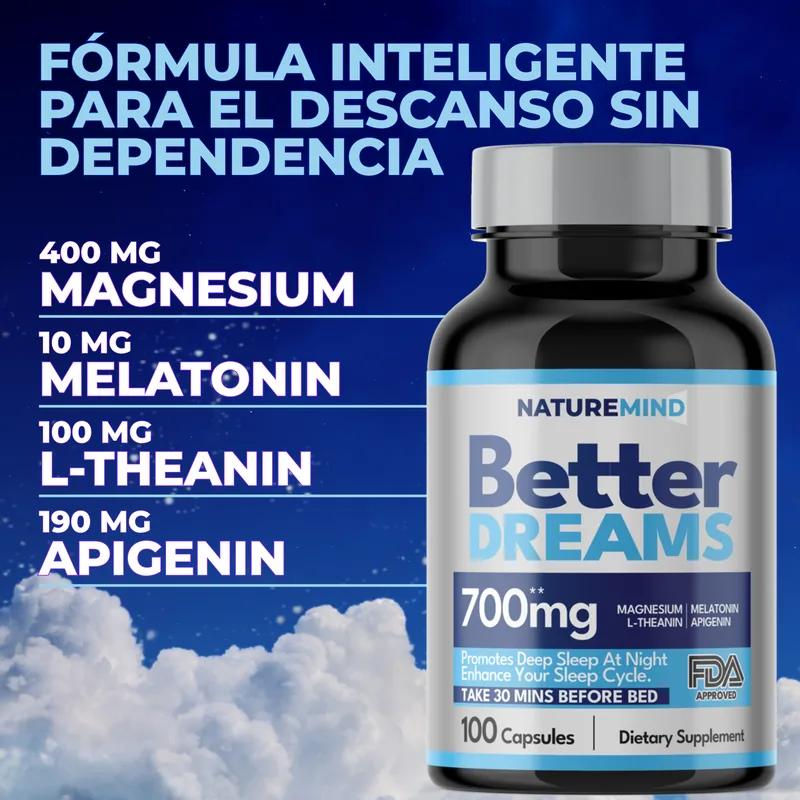 Fórmula de Better Dreams: magnesio, melatonina, L-teanina y apigenina