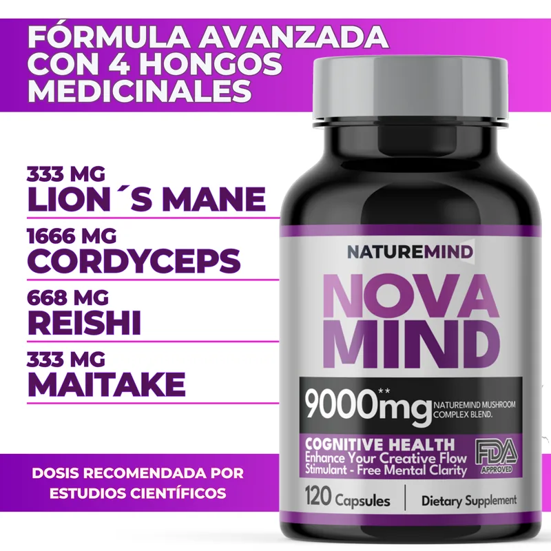 Fórmula de NovaMind: Lion's Mane, Cordyceps, Reishi y Maitake